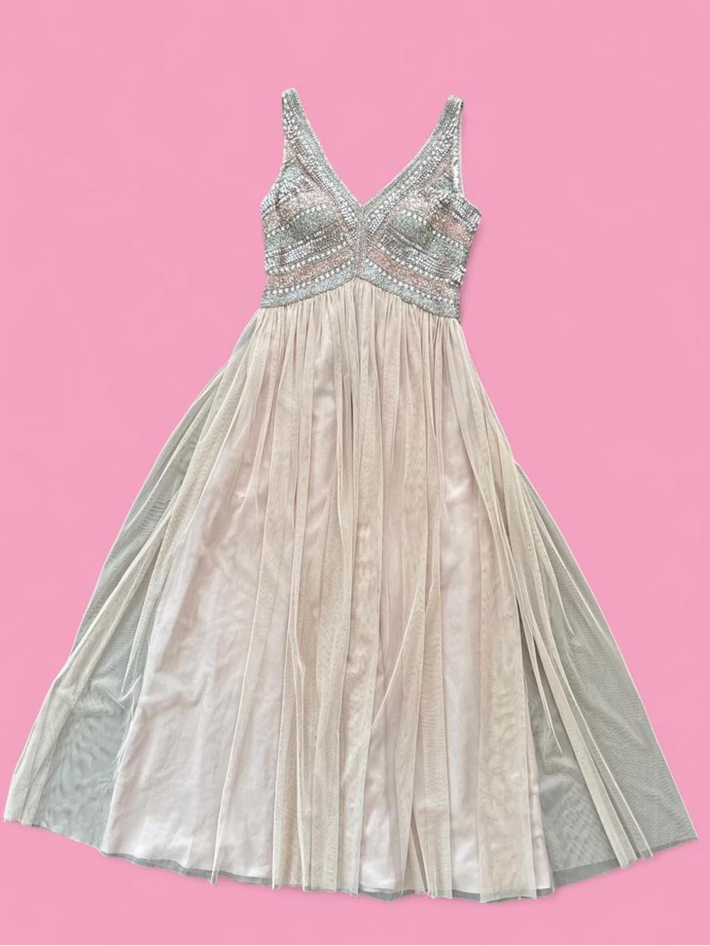 Aidan Mattox Sequin Beaded V-Neck Tulle Evening Gown Blush SZ 8